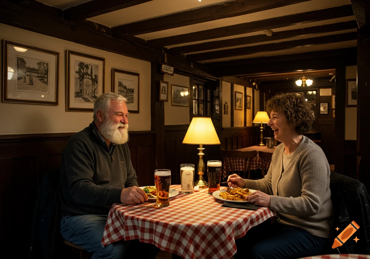 A smiling couple dines at a table in a pub.