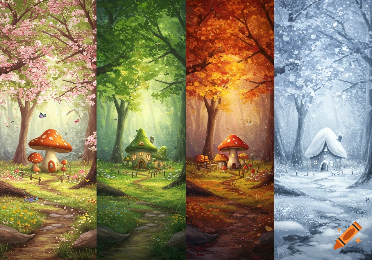 Vertical panels showing a forest scene with fairytale houses through the four seasons: spring, summer, autumn, and winter. Illustration.