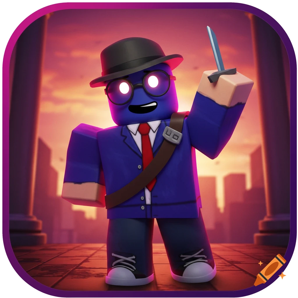 A 3D cartoony Roblox character in a suit and hat holds a knife against a sunset city background.