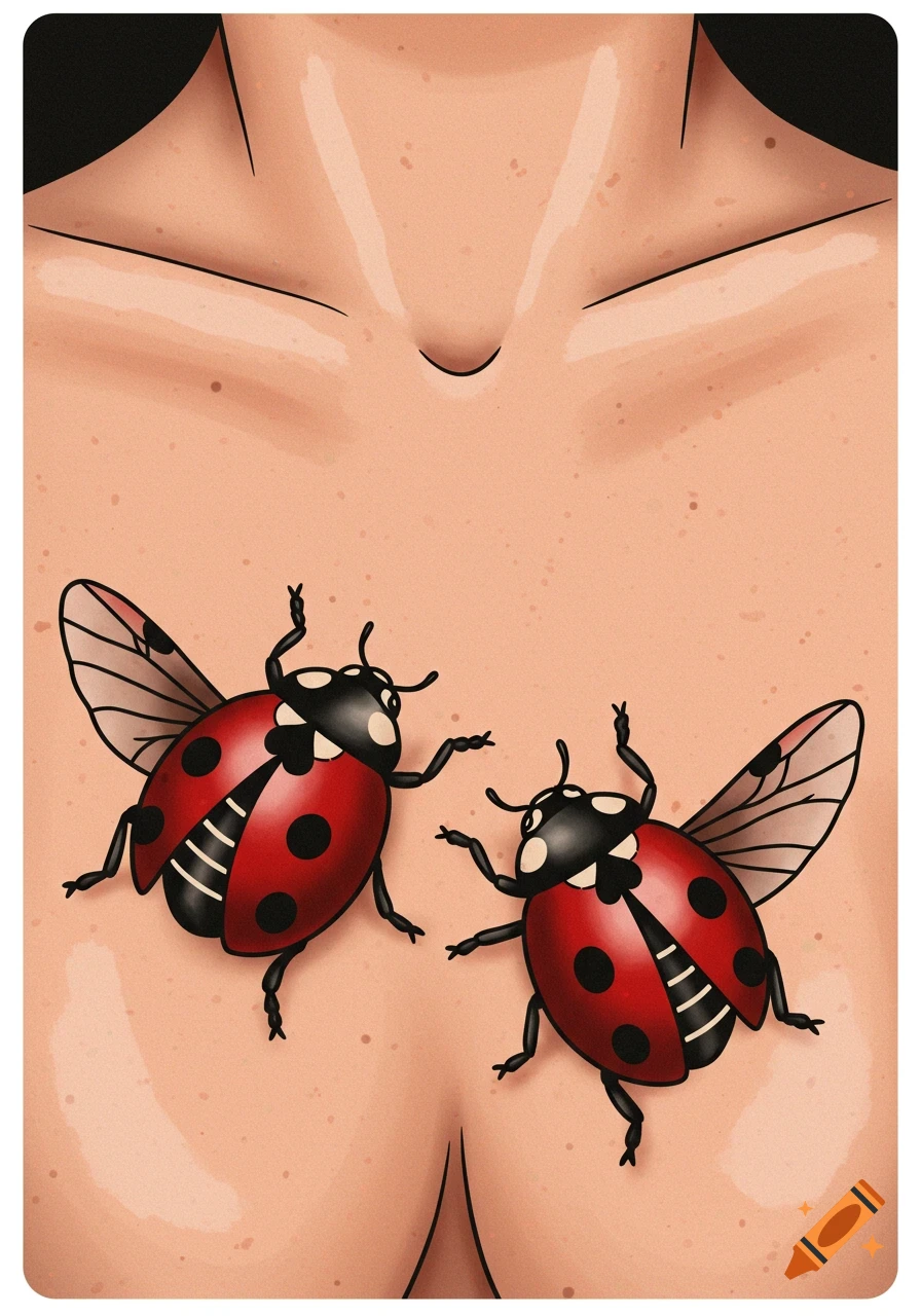 Two traditional style ladybug tattoos on a person's chest.