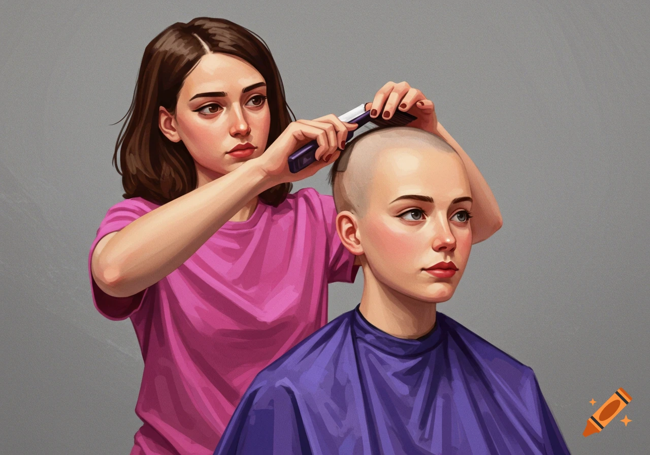 Digital painting of two young women, one shaving the other's head.