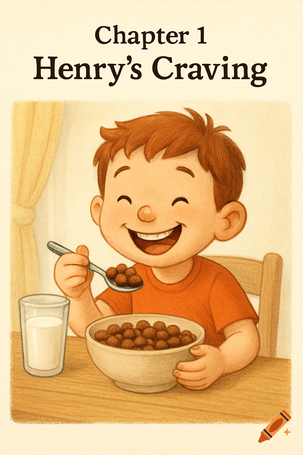 Illustration of a cheerful boy eating cereal at a table with milk.