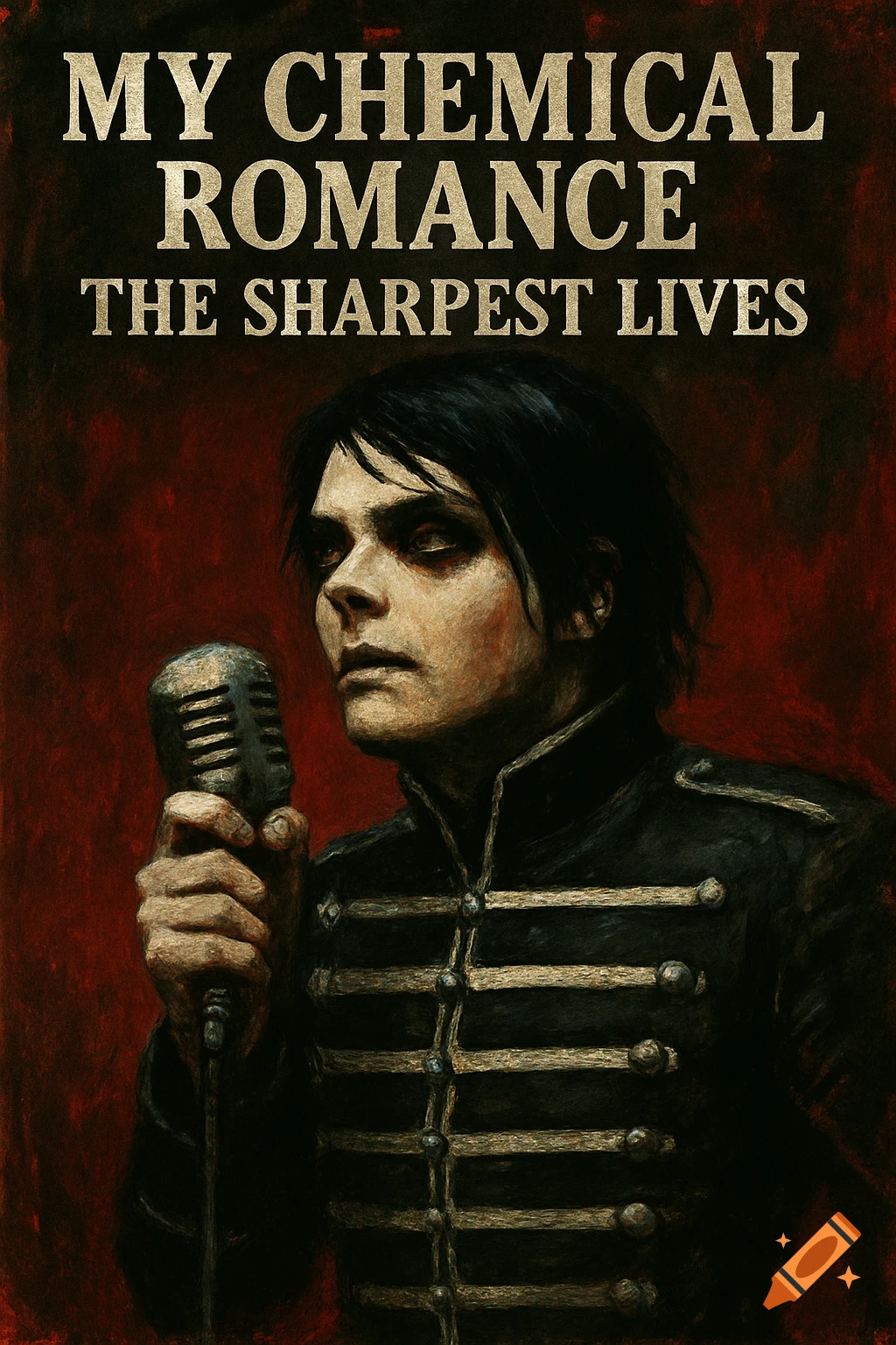 Textured painting of a person in a military jacket holding a microphone, with 'MY CHEMICAL ROMANCE THE SHARPEST LIVES' text.