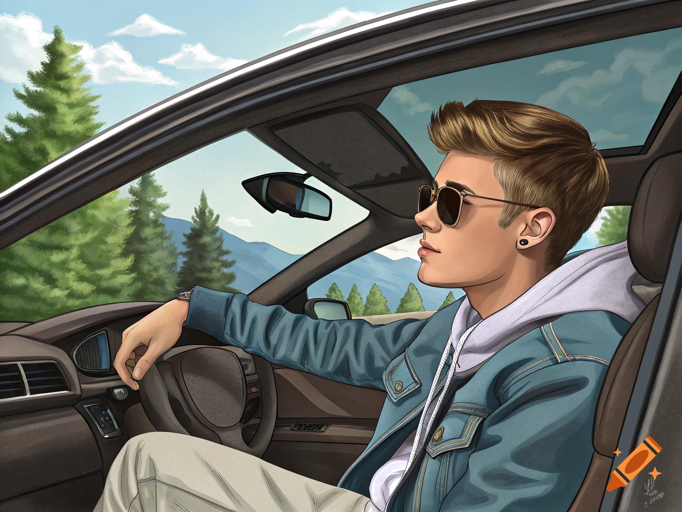 Illustration of a young man resembling Justin Bieber driving a car with the top down through a scenic landscape.