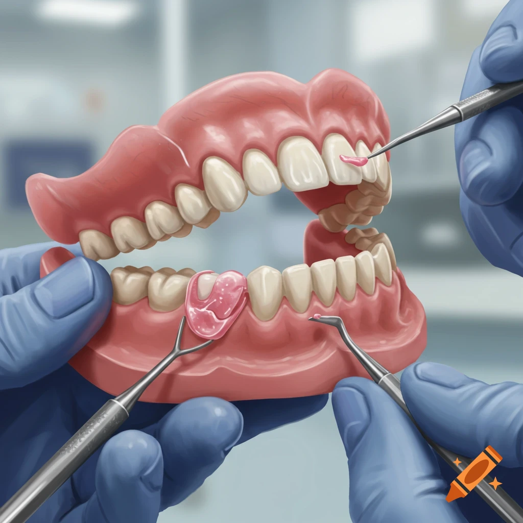 Hands in blue gloves repair a model of dentures with dental tools.