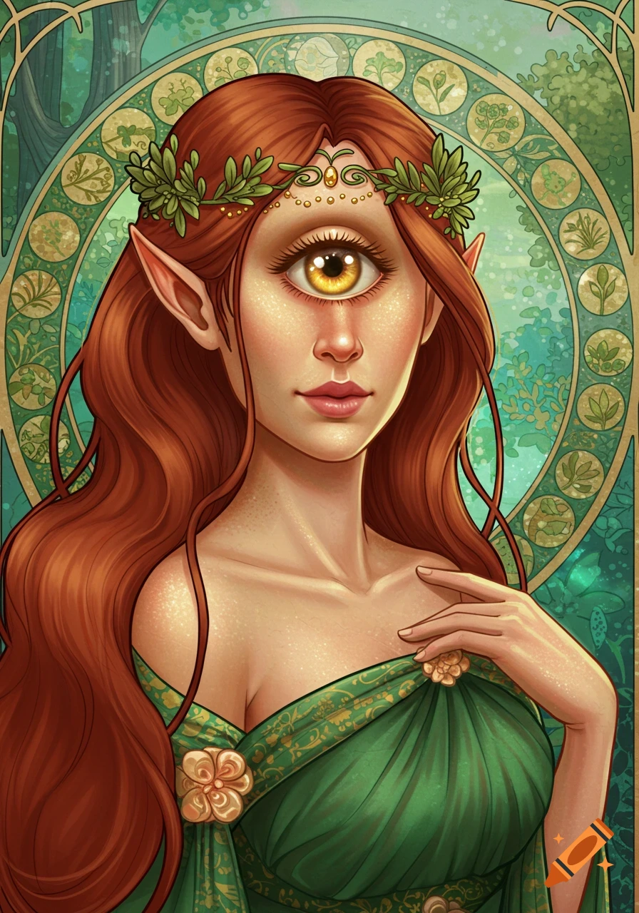 Illustration of a female cyclops with red hair and a green dress, in an art nouveau style.