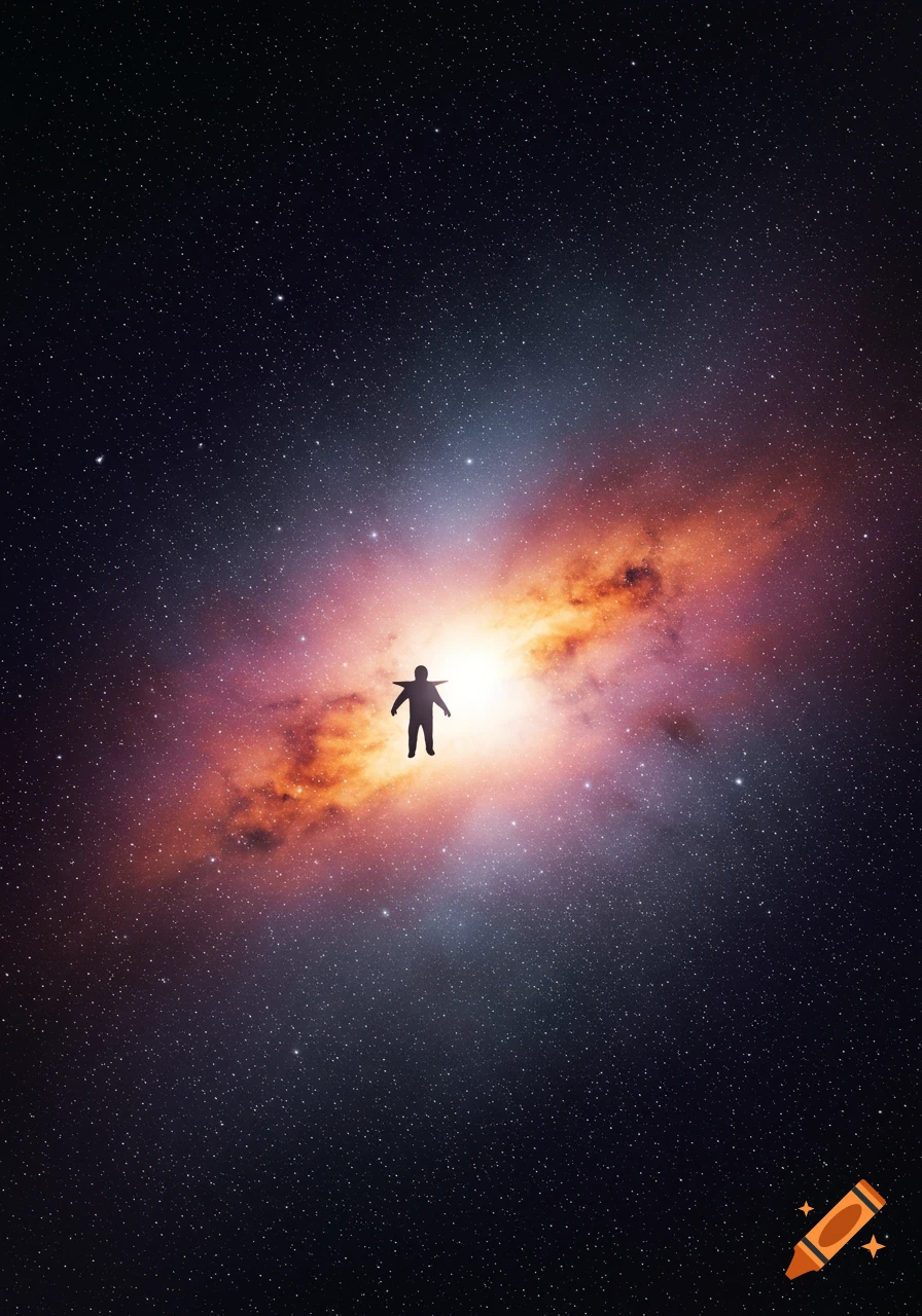 Silhouette of a person floating in space against a bright nebula