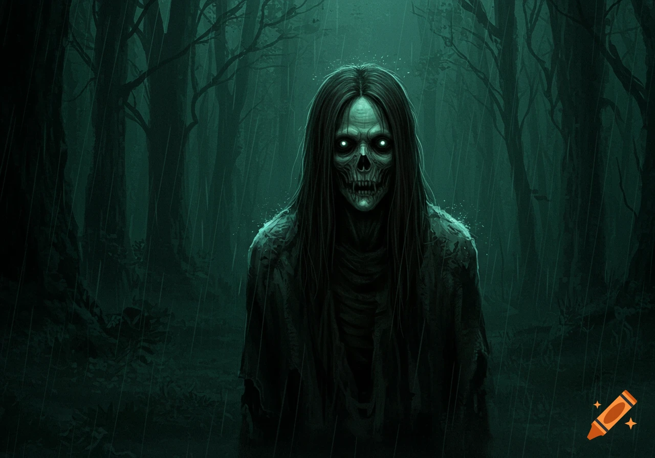 A creepy skeletal figure with glowing eyes stands in a dark, rainy forest.