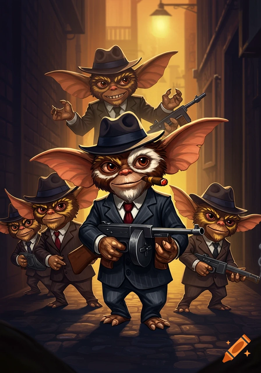 A group of Gremlins dressed as gangsters stand in an alley with Tommy guns.