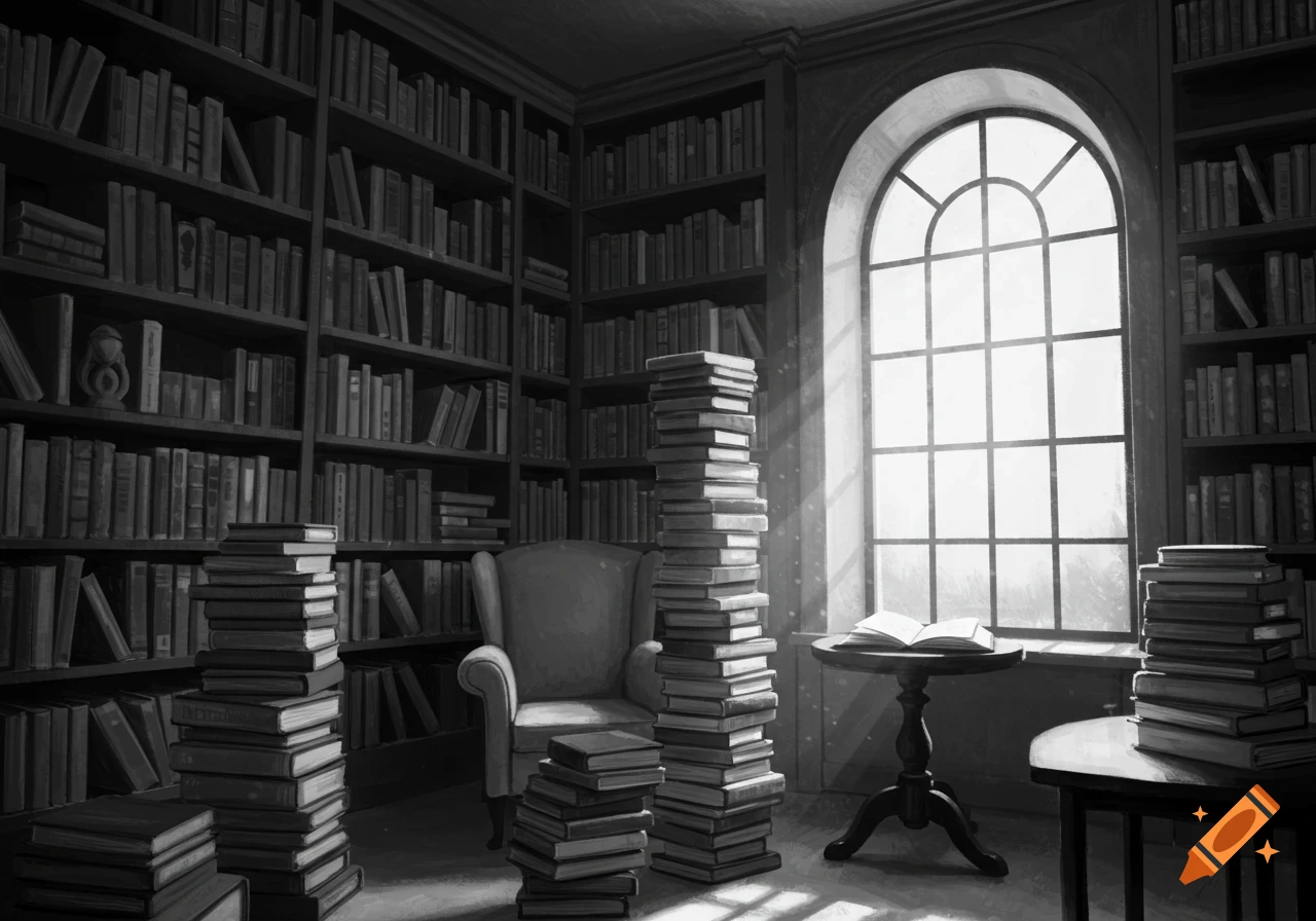 Black and white illustration of a cozy library room with bookshelves, stacks of books, a chair, and a large window.