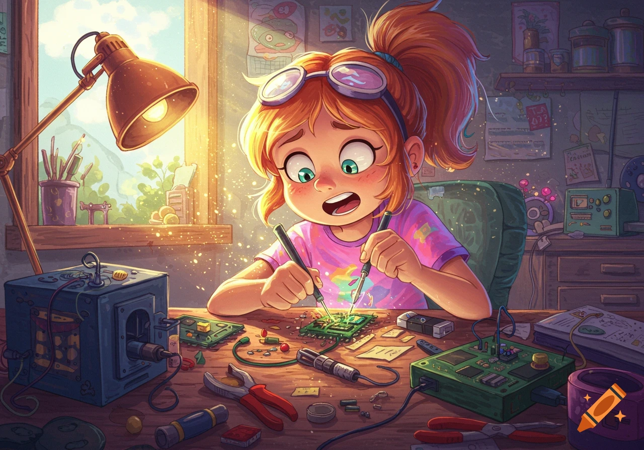 Illustration of a young girl soldering electronics on a workbench in a sunny workshop.