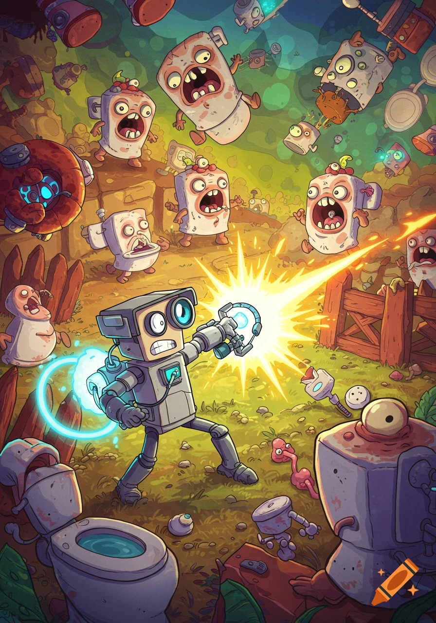 A cartoon robot fights an army of monstrous, animated toilets with a laser gun in a field.