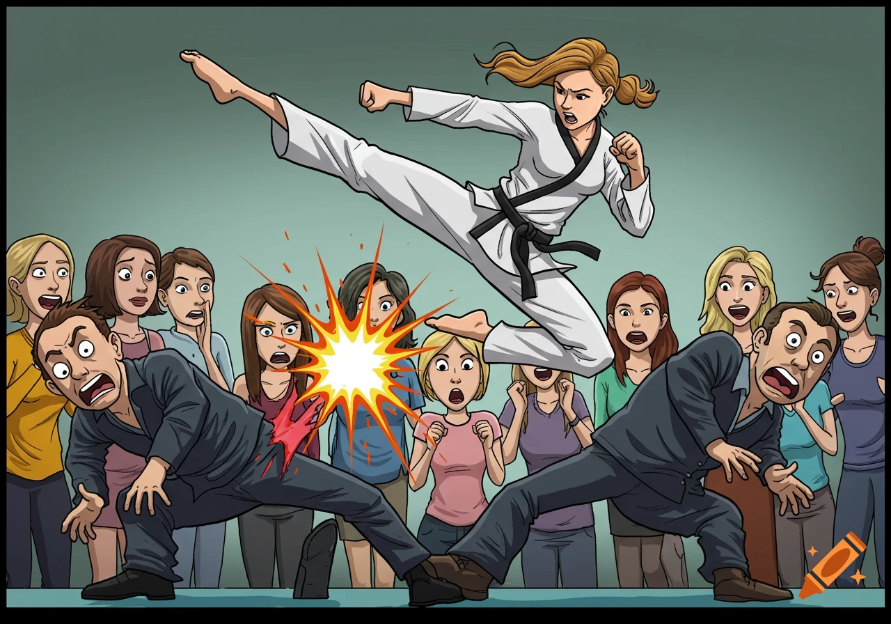 Cartoon illustration of a woman doing a flying martial arts kick to two men, with a crowd reacting.