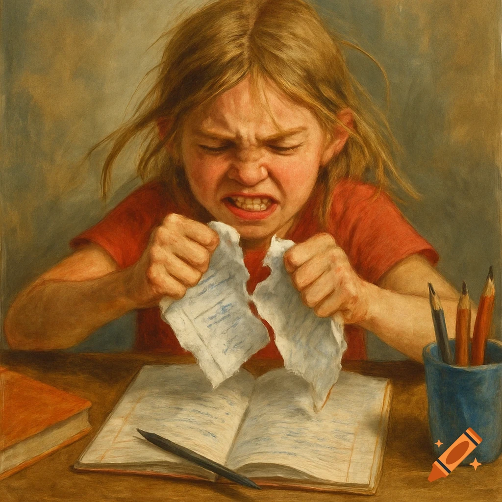 Painting of a frustrated girl tearing apart her homework paper.