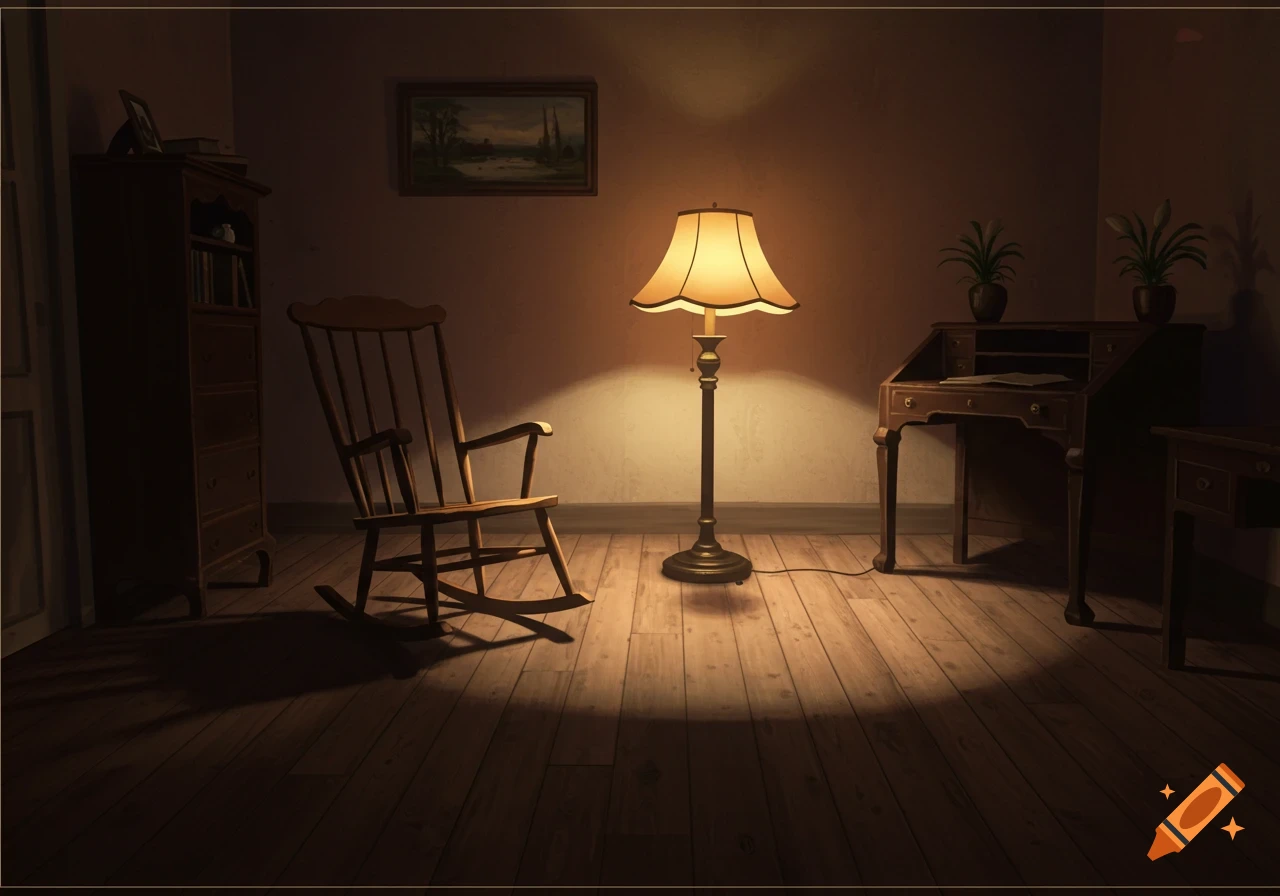 An empty room at night lit by a lamp, showing a rocking chair, dresser, and desk.