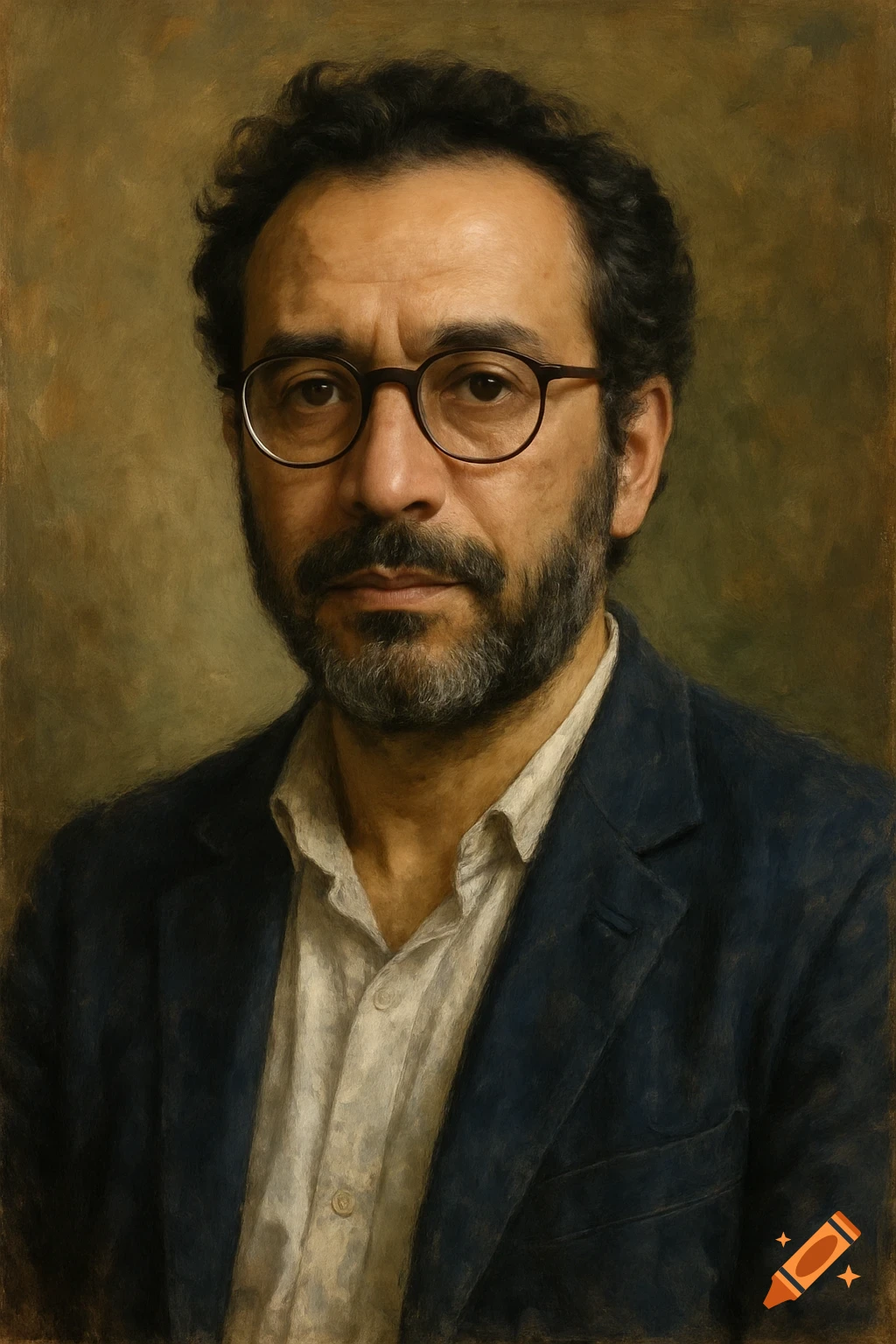 Painterly portrait of a man with glasses, beard, and dark jacket.