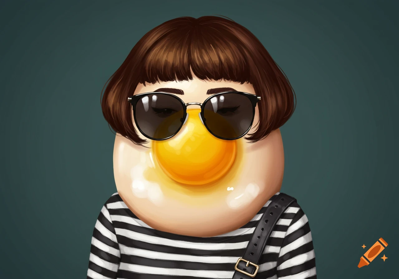Stylized illustration of an egg character with a bob haircut, sunglasses, and a striped shirt.