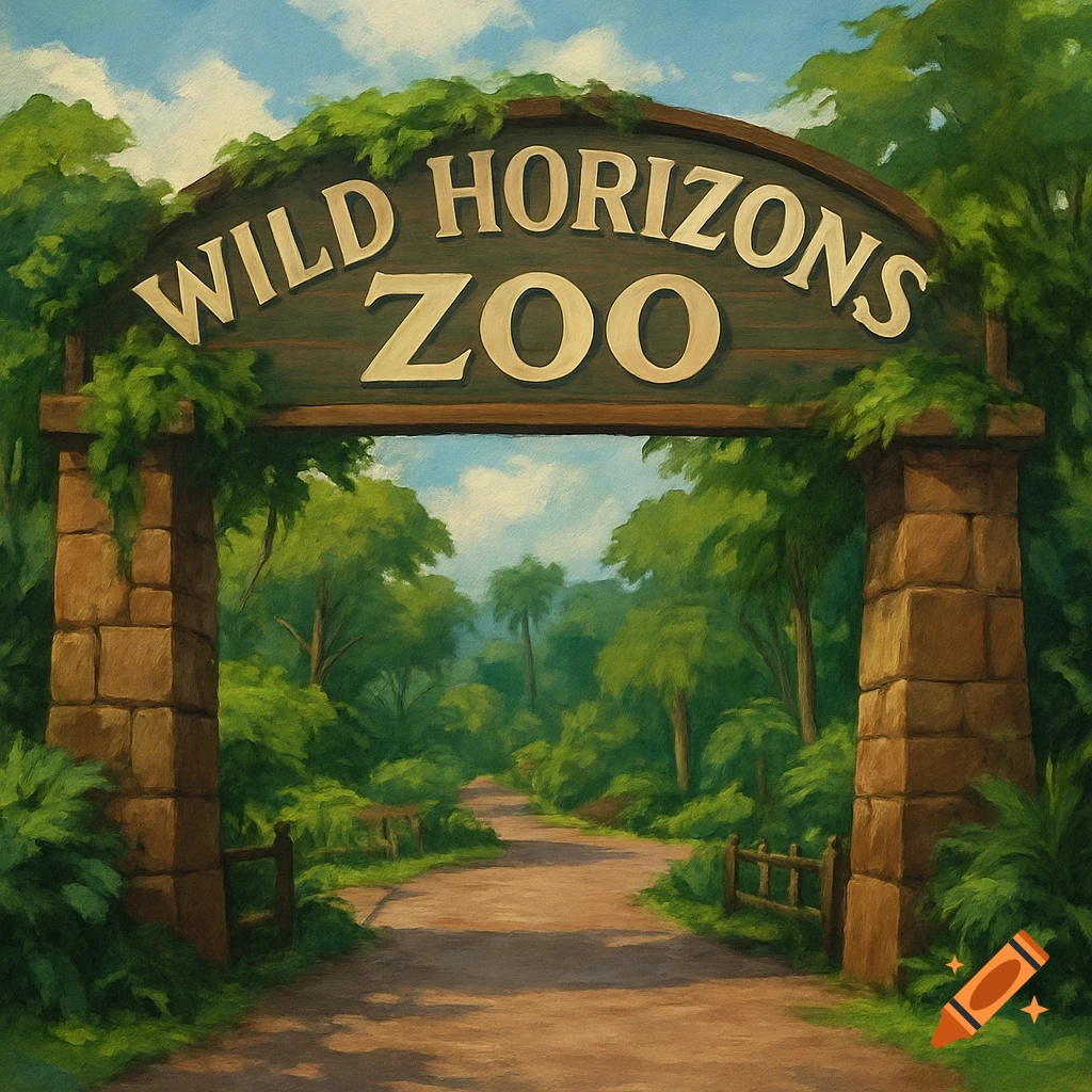 A painted scene of a zoo entrance sign reading "Wild Horizons Zoo" over a dirt path leading into a dense green forest.