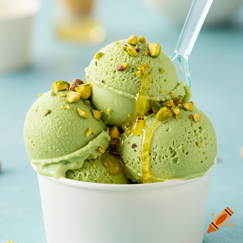Close-up of three scoops of pistachio gelato in a white cup, topped with chopped pistachios and a drizzle.