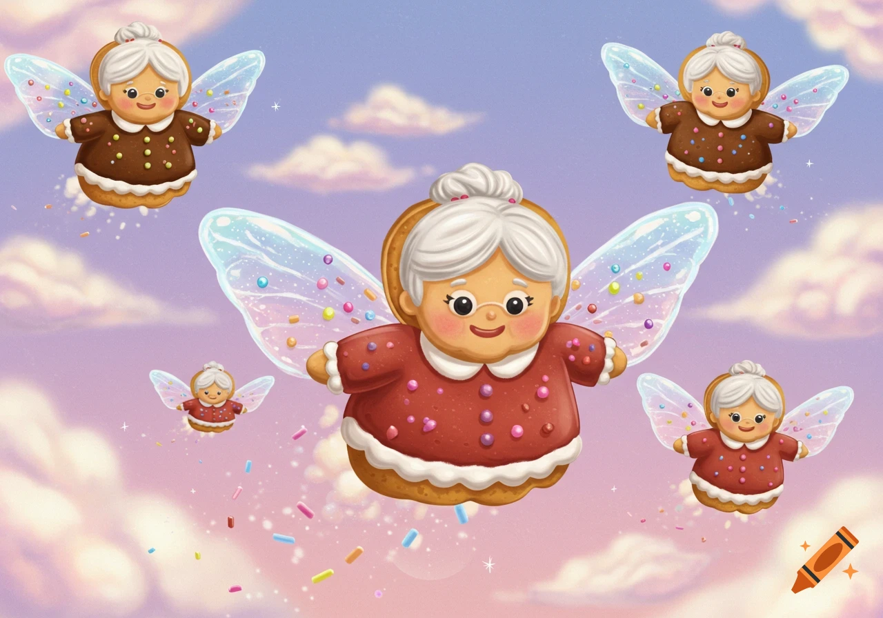 Multiple flying gingerbread cookies shaped like grandmas with sprinkle wings in a pastel sky.