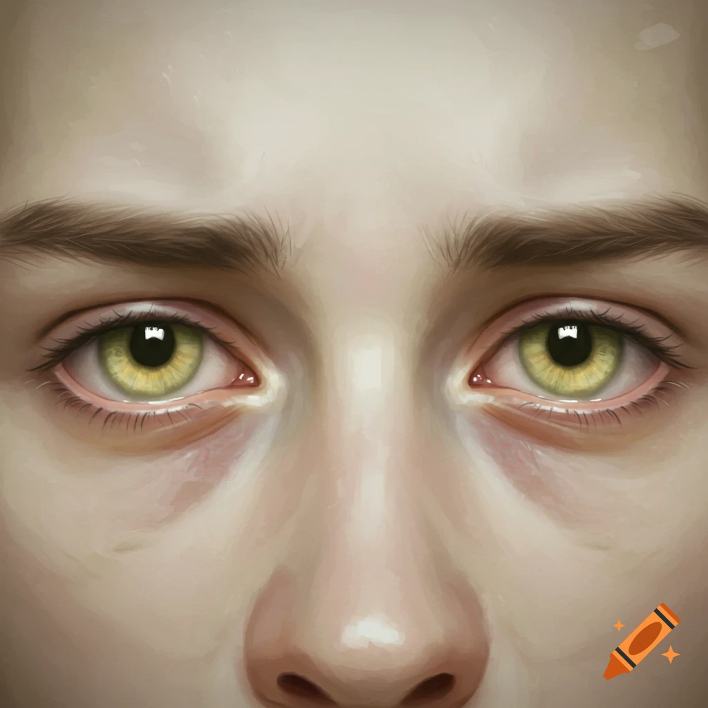 Close-up digital painting of human eyes with dull yellow irises and detailed skin.