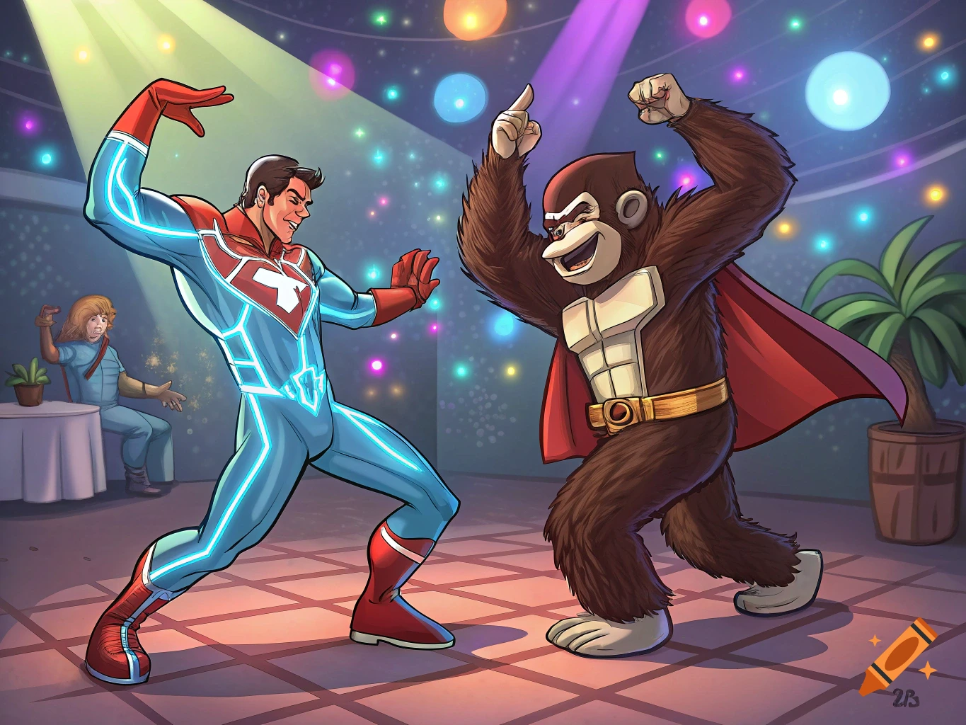 A cartoon superhero resembling Omni-Man and an ape resembling Donkey Kong dance at a disco party.