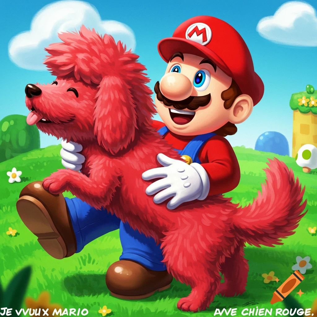 Cartoon of Mario holding a red furry dog in a landscape.