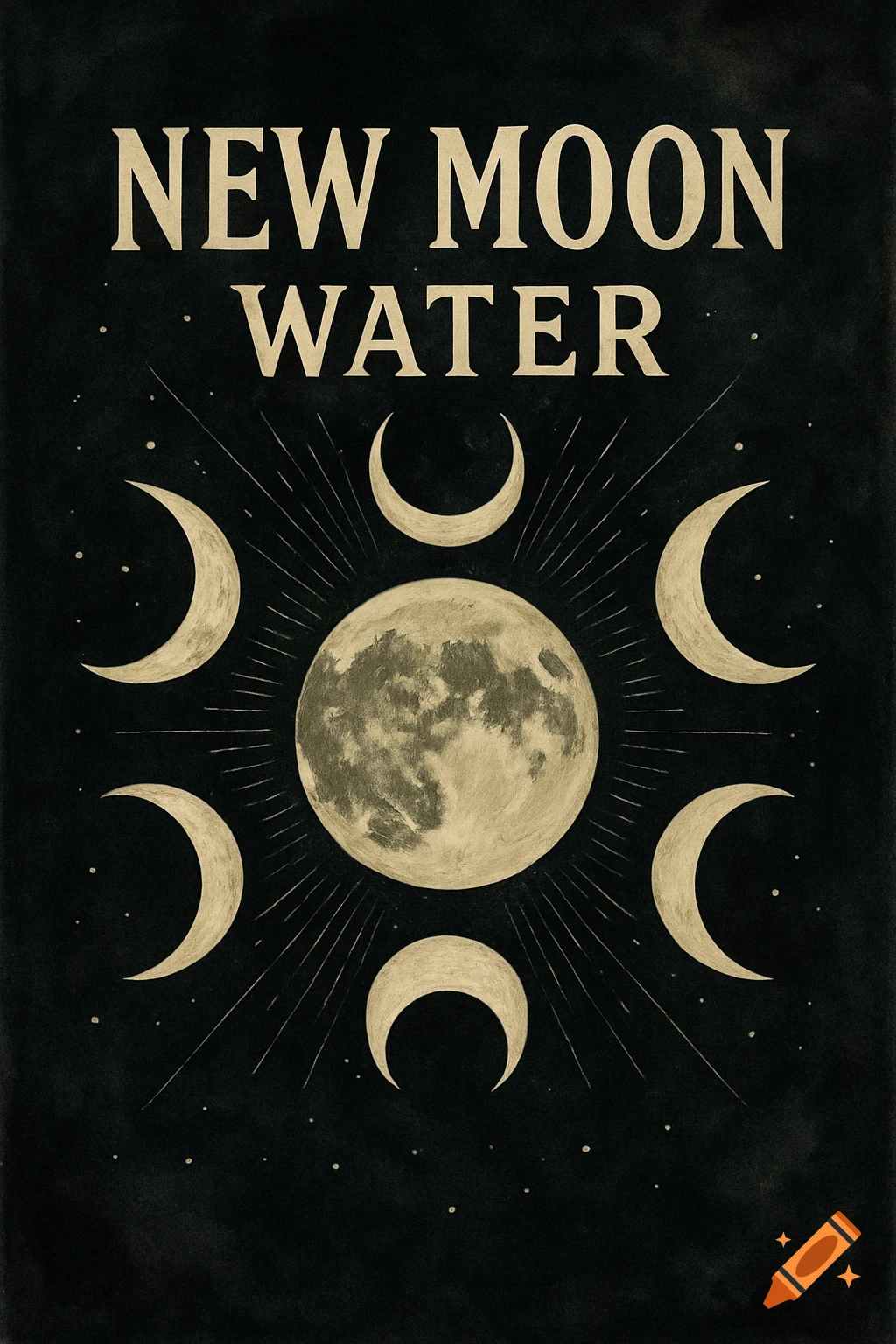 Mysterious dark design with 'NEW MOON WATER' text, full moon, and moon phases