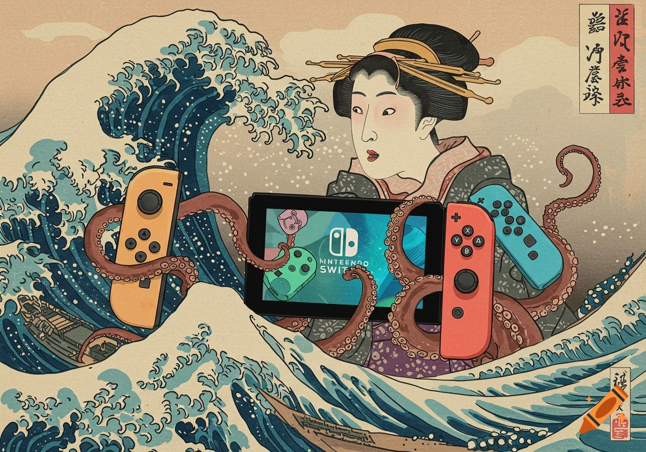 Ukiyo-e style art of woman in a wave with octopus tentacles holding Nintendo Switch and controllers