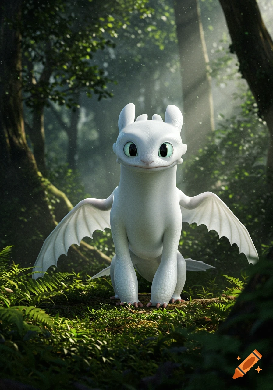 A photorealistic Light Fury dragon sits in a lush, sun-dappled forest.