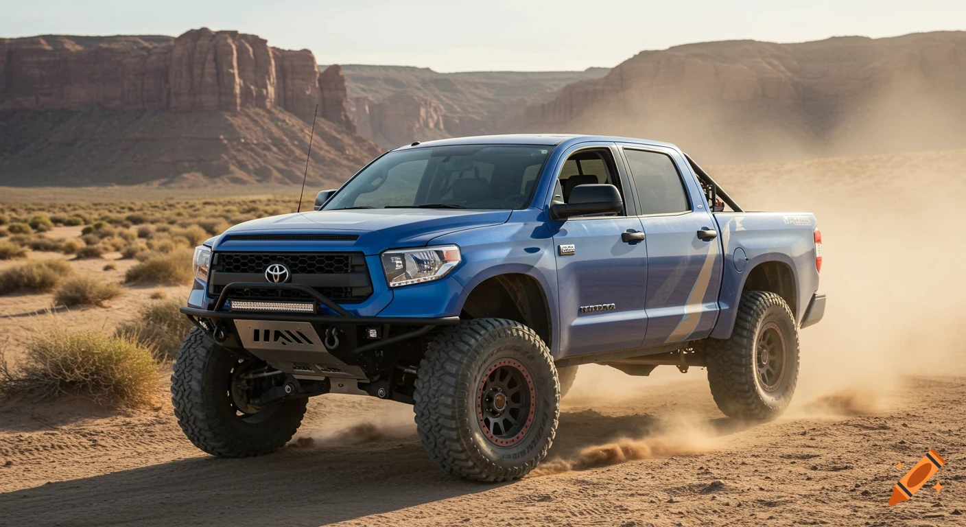 A blue Toyota Tundra prerunner truck drives through a dusty desert.