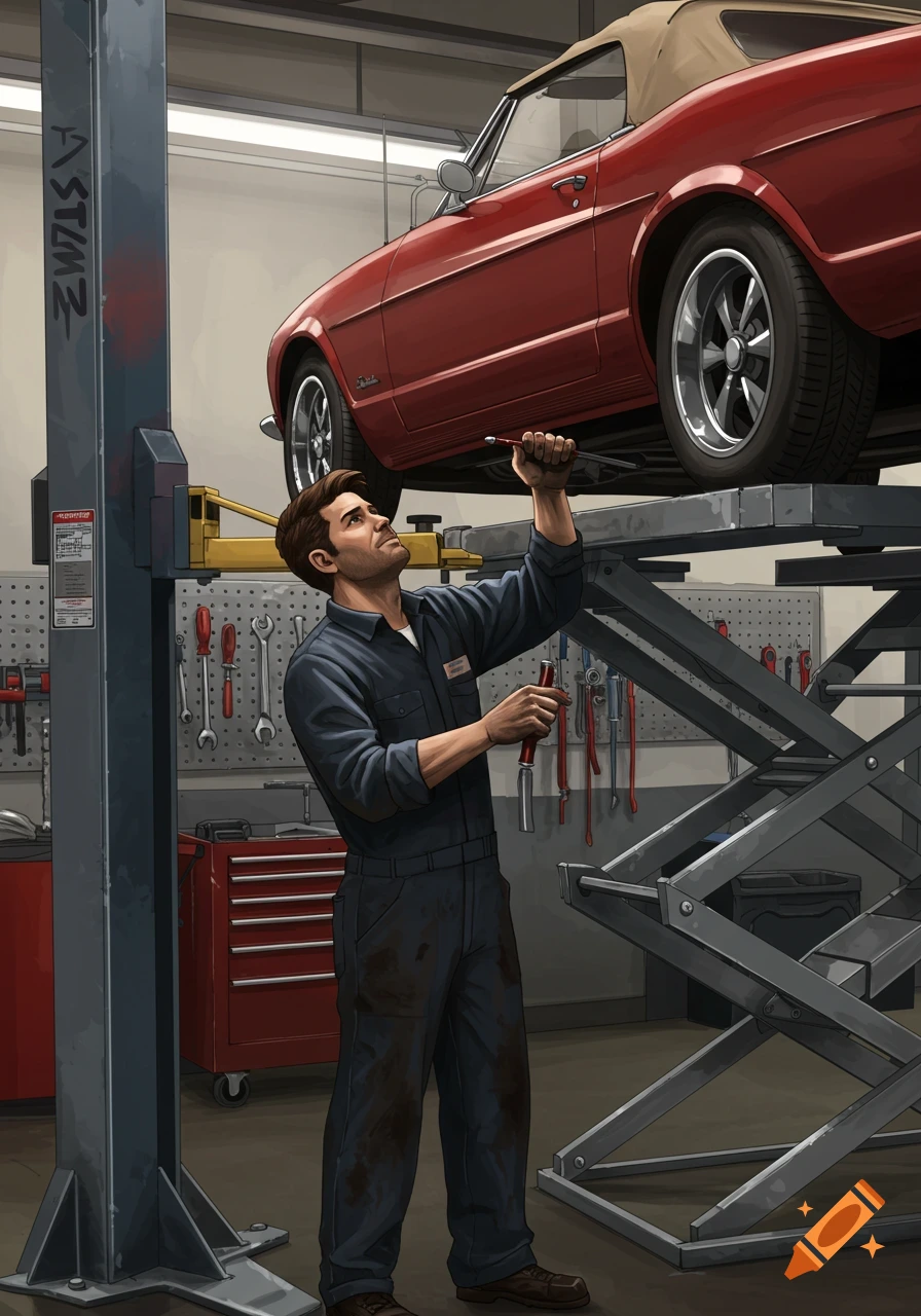 A mechanic works on a red car lifted high in a garage