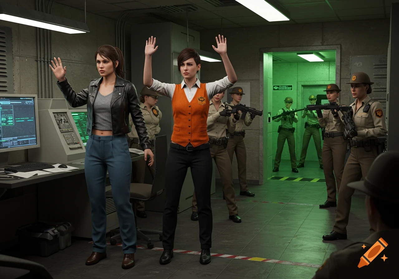 Two women with hands raised surrender to armed female guards in a base control room.