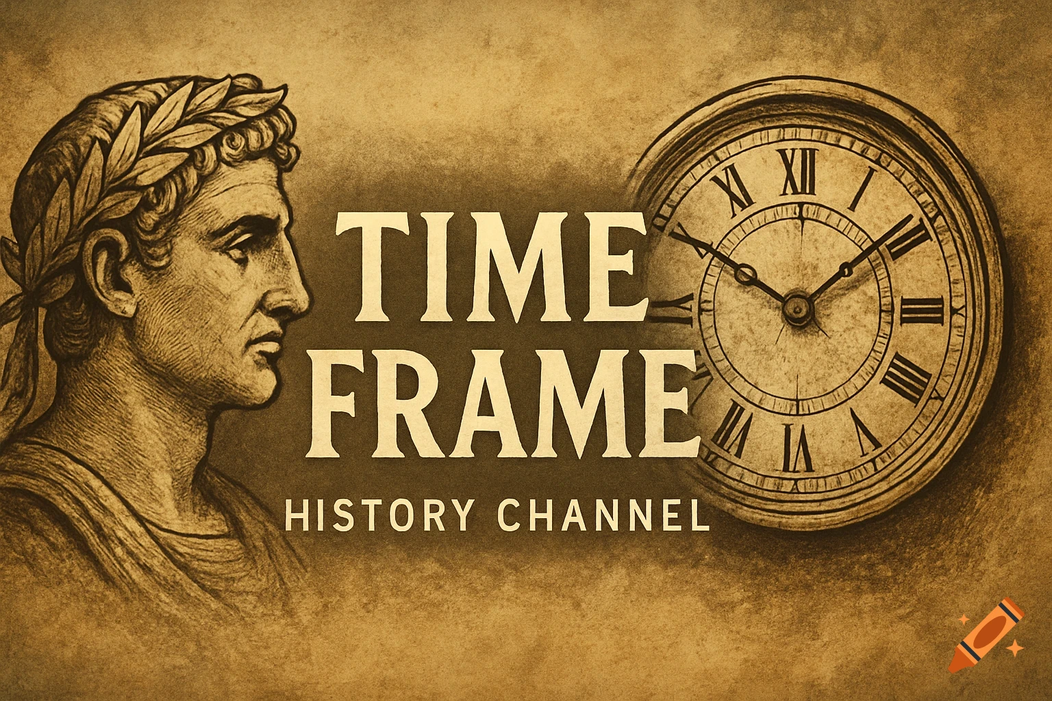 Vintage-style image with a classical bust, a clock, and the text "TIME FRAME HISTORY CHANNEL".