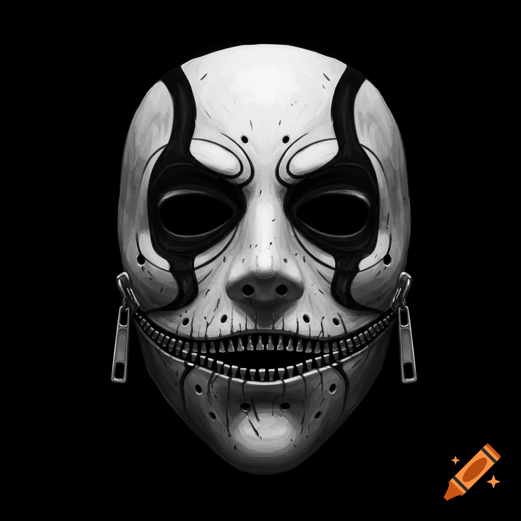 A white and black mask with dark markings around the eyes and a zipper for a mouth, on a black background.