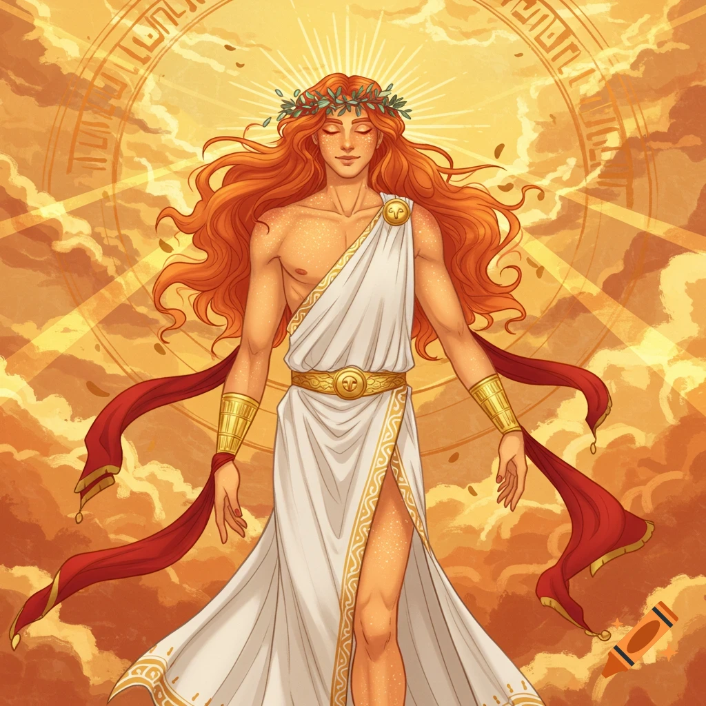 Stylized illustration of a man with red hair, dressed as a Greek sun god, against a golden, cloudy background.
