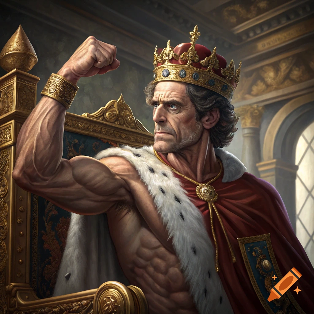 Muscular king in a crown and robe flexing his arm on a throne