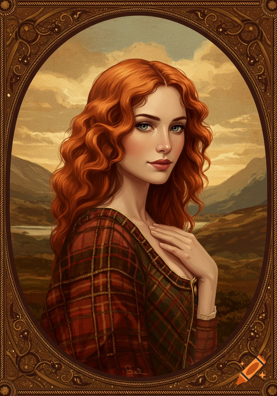Portrait of a red-haired woman in tartan dress, framed by an ornate border, against a Scottish landscape.
