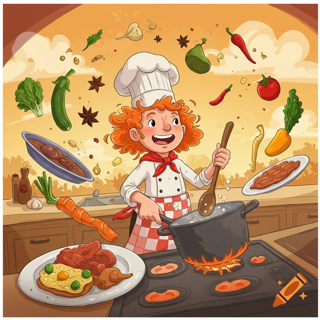 A cartoon child chef stirs a pot on a stove, with ingredients like vegetables and spices floating around them.