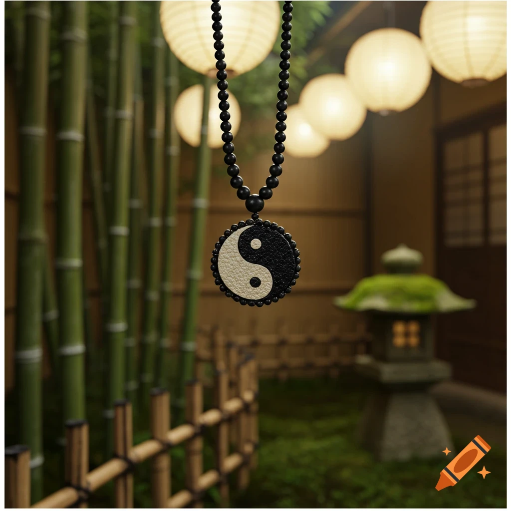 Yin Yang necklace hanging in a Japanese garden