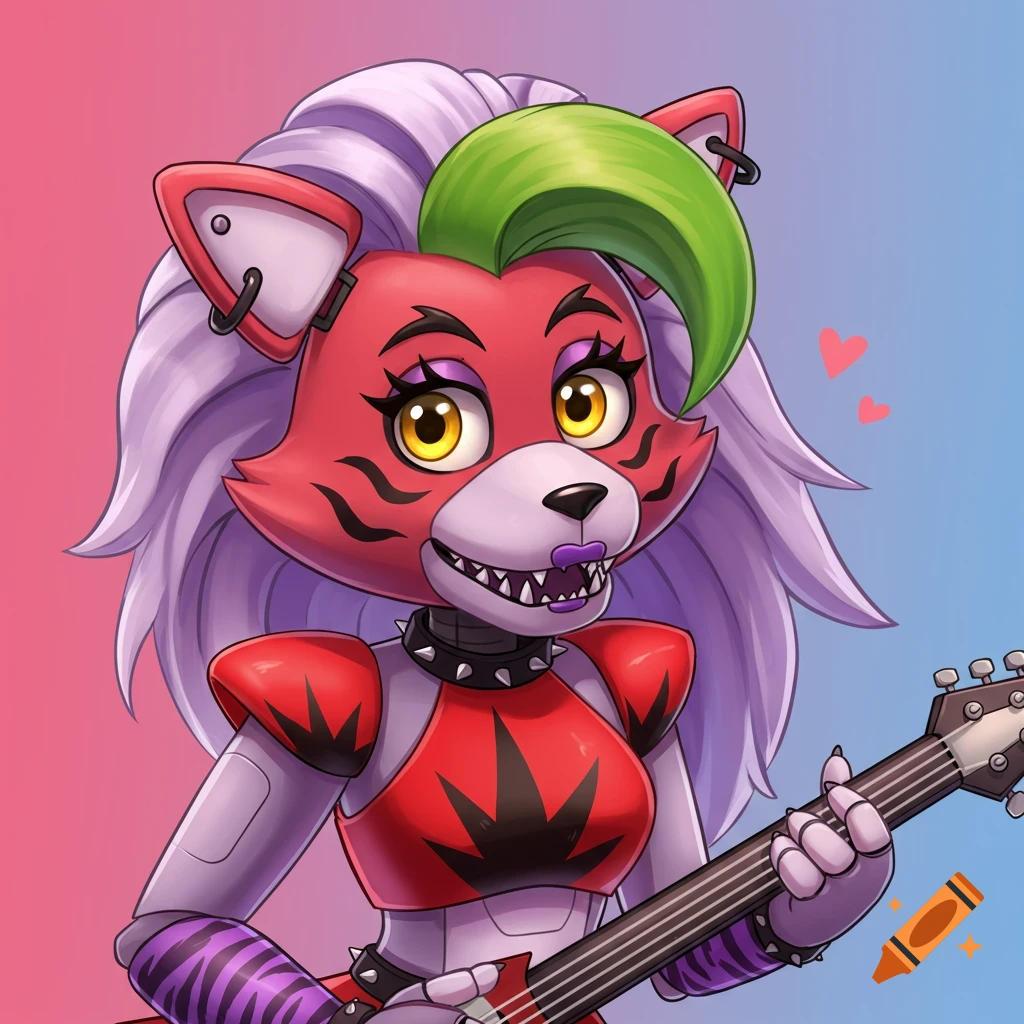 Cute anime illustration of Roxanne Wolf from FNAF holding a guitar.