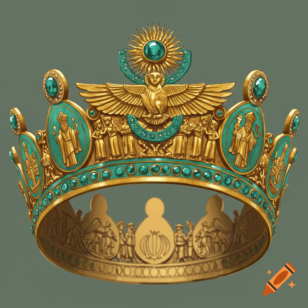 Golden crown decorated with turquoise gems and reliefs of figures and symbols