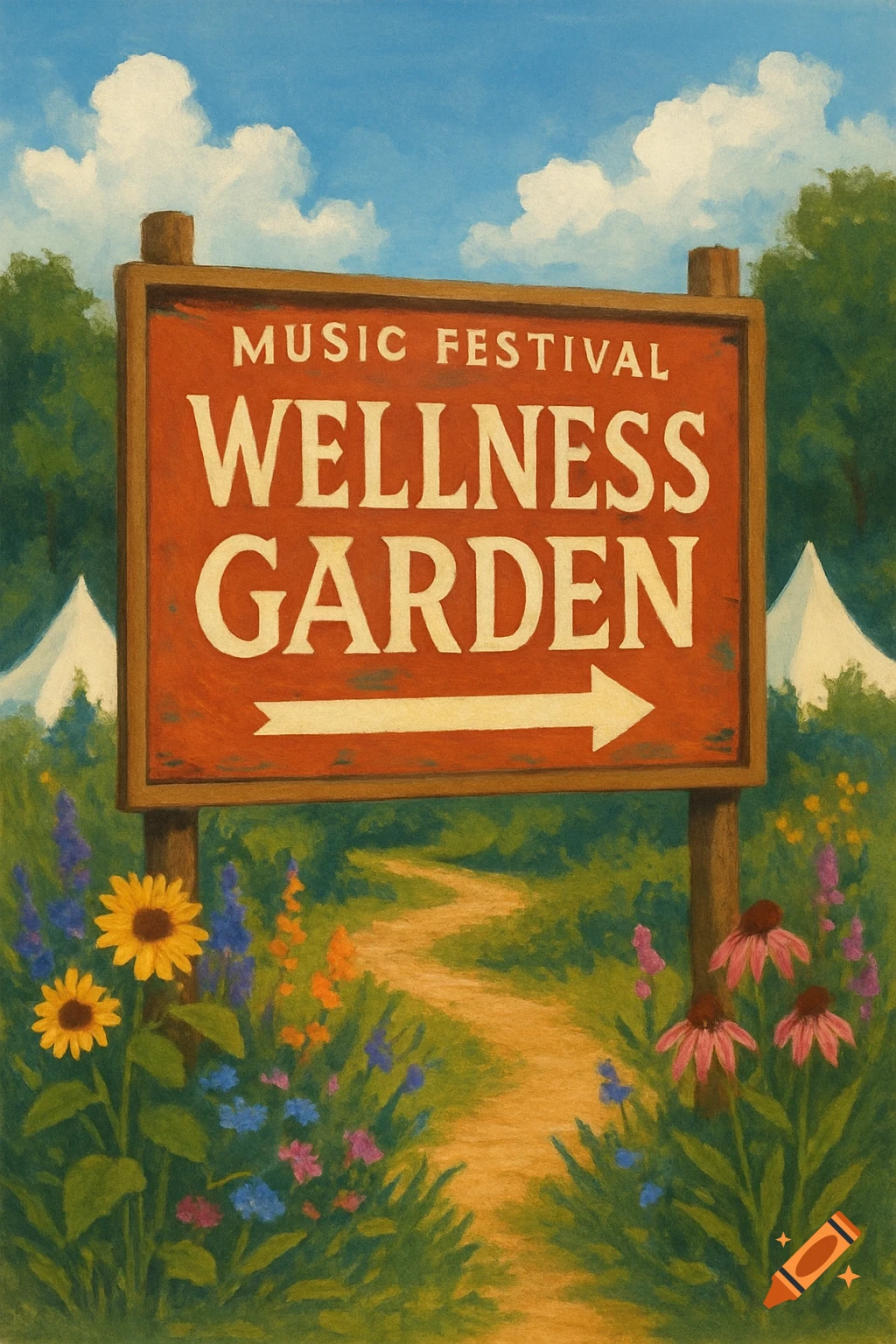 A sign for a music festival wellness garden along a path, painted in a textured style.