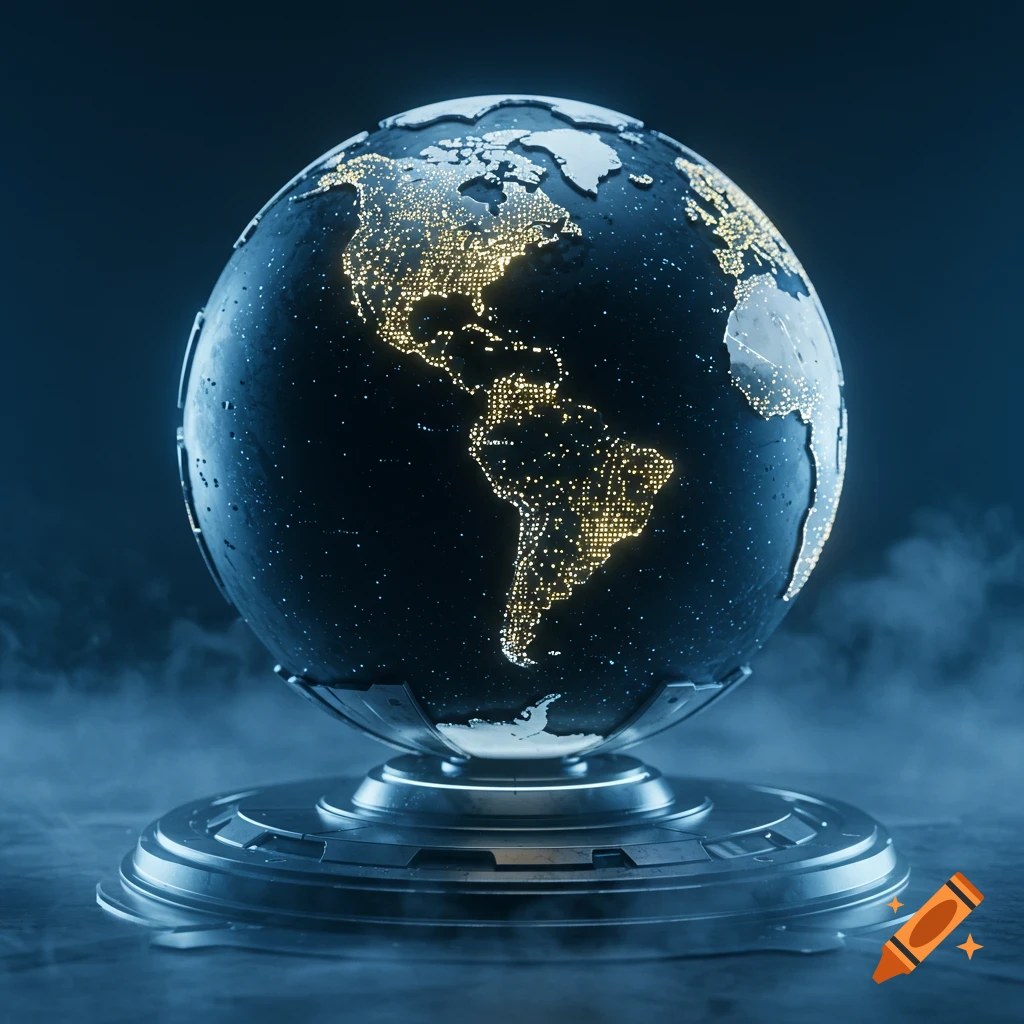 A robotic globe shows illuminated city lights on Earth.