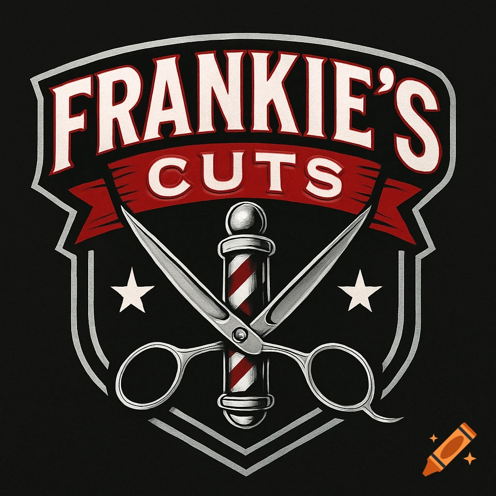 A shield logo for Frankie's Cuts barbershop, featuring a barber pole and crossed scissors, with red and white text on a black background.