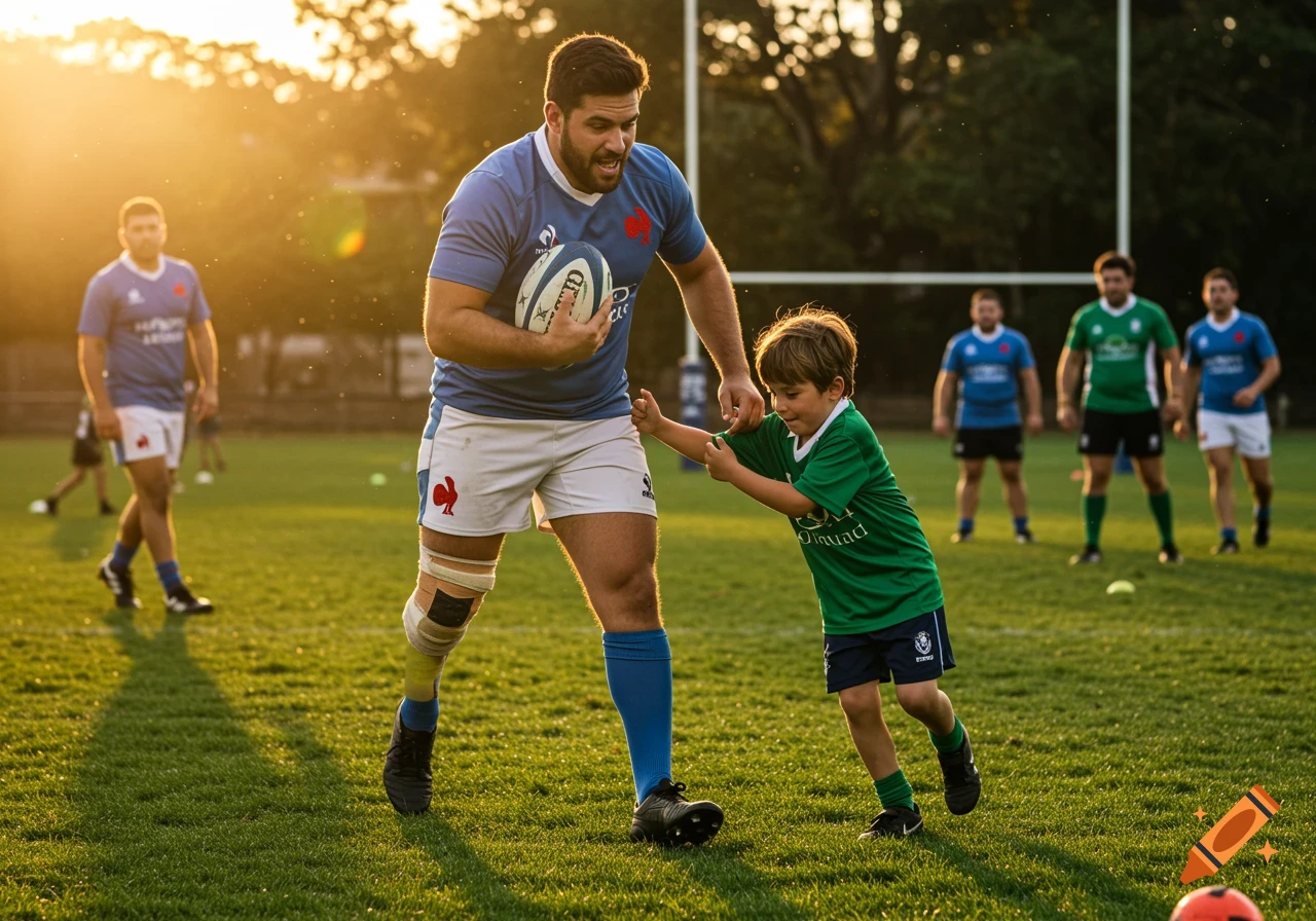 A large man in a blue rugby jersey runs with a ball, being tackled by a small child in a green jersey on a sunny field.