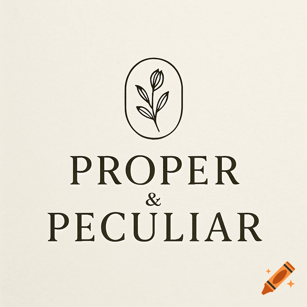 Logo for Proper & Peculiar with a botanical graphic in an oval