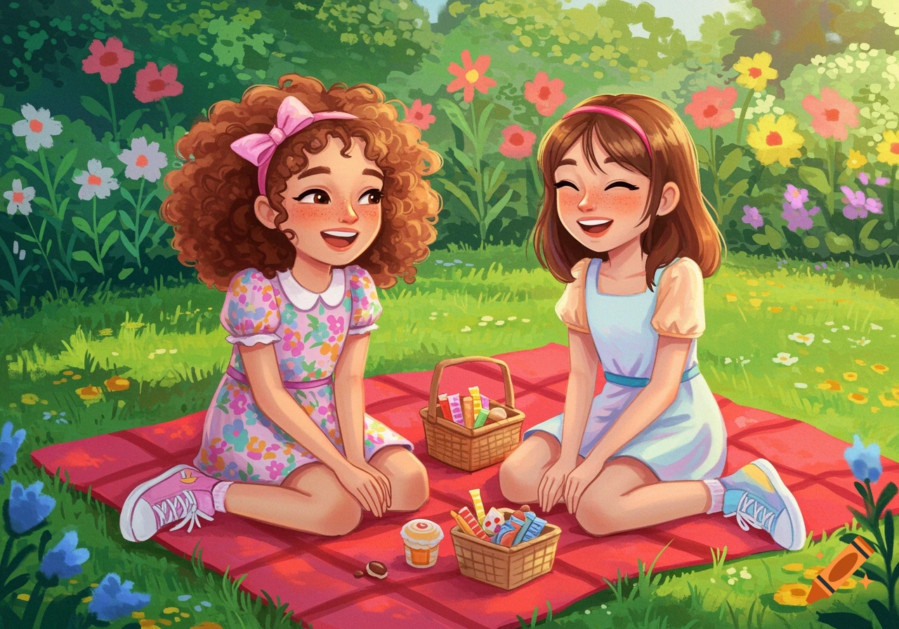 Two cartoon girls sit on a red blanket having a picnic in a flowery field.