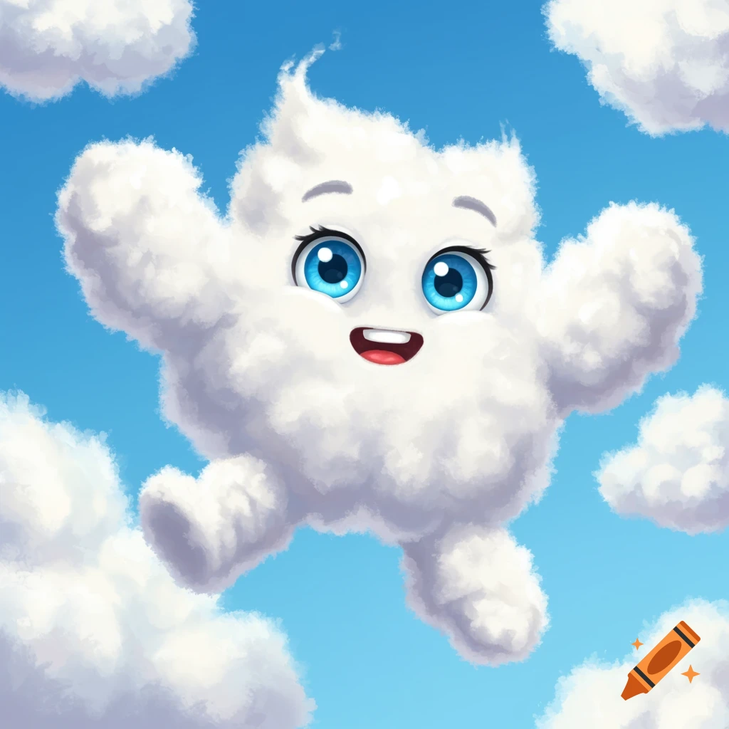 A cute cartoon cloud character with big blue eyes floats happily in a blue sky among white clouds.
