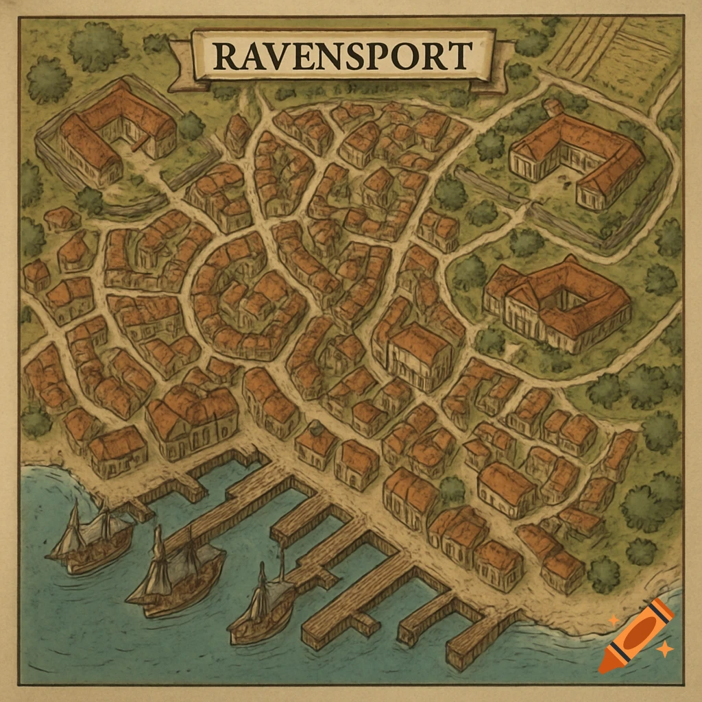Hand-drawn fantasy map of the coastal town of Ravensport with docks and ships.